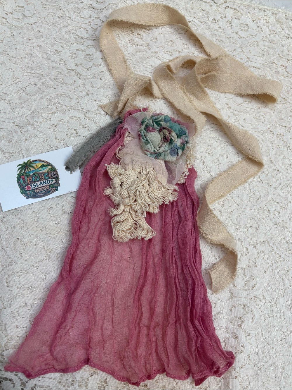 Handcrafted Pink Fabric Jabot Neck Adornment Necklace with Cream Accents